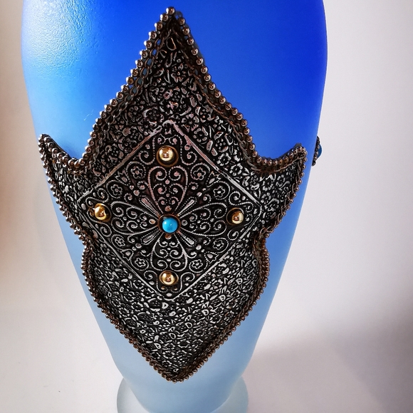 Vintage Blue Ombre Frosted Satin Art Glass Vase with Applied Metal Accents - Picture 16 of 17